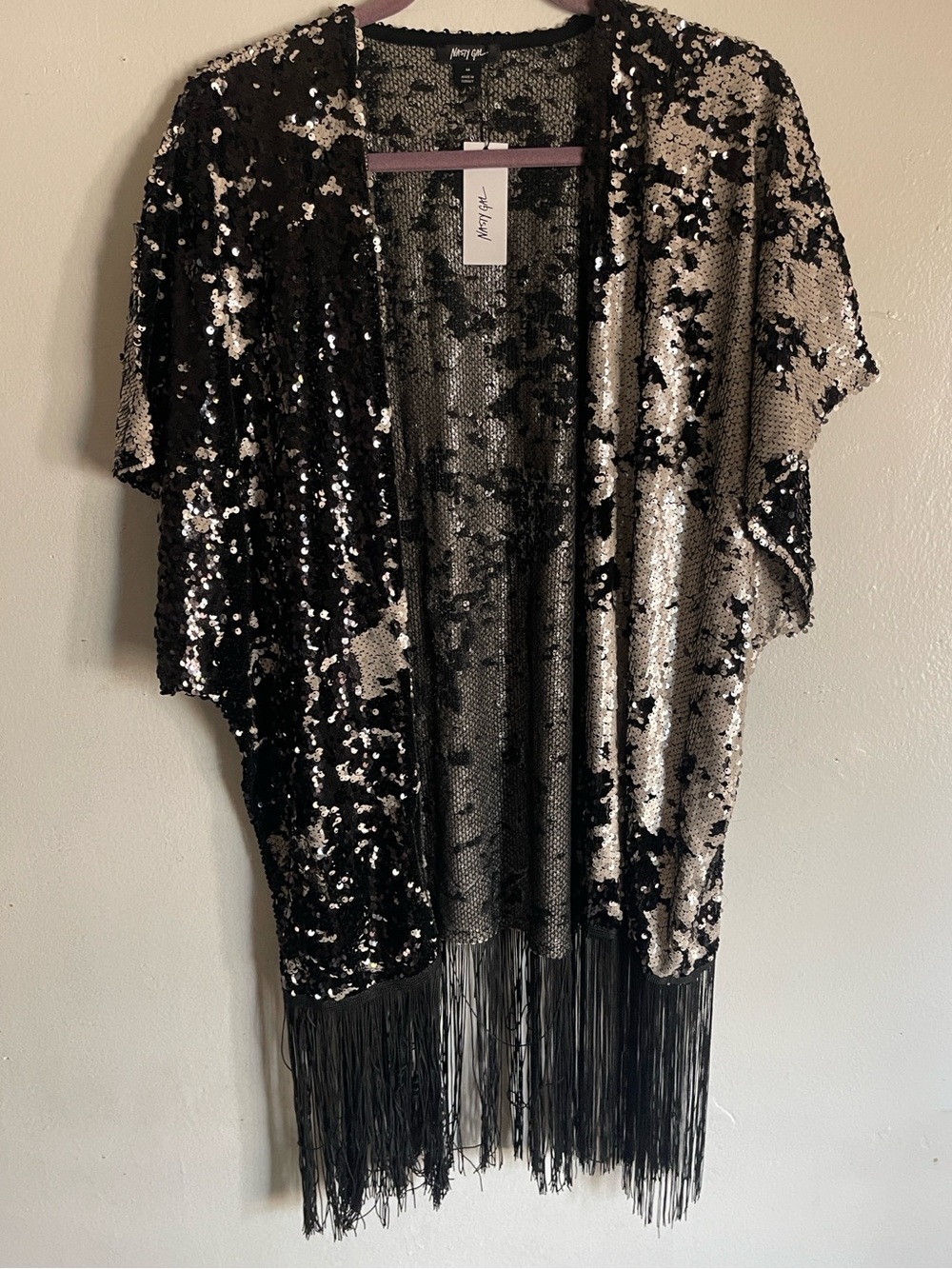 NWT Nasty Gal Black Silver Sequin Fringe Kimono Cardigan Sz M Whimisigoth Grunge